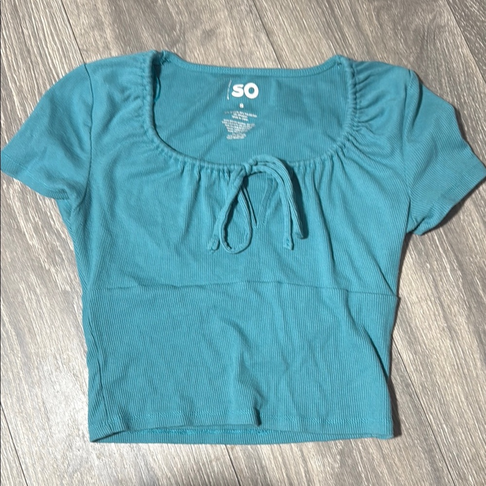 SO Blue Crop Tie Front Blouse Short Sleeve